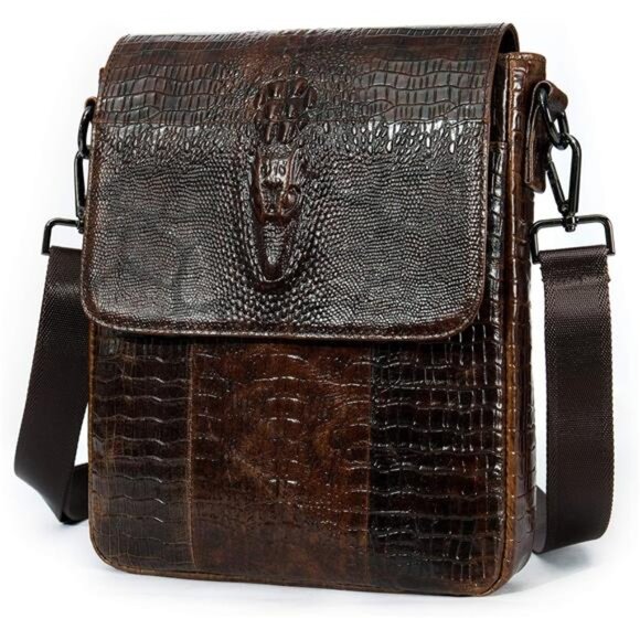 Leather Flap Messenger Bag for Men Small Crossbody Shoulder Bag,Crocodile Emboss - Picture 1 of 7